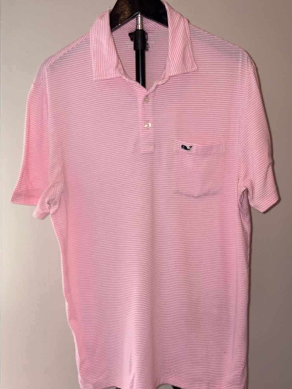 Vineyard Vines Edgartown Polo shirt in pink & white micro stripe size S